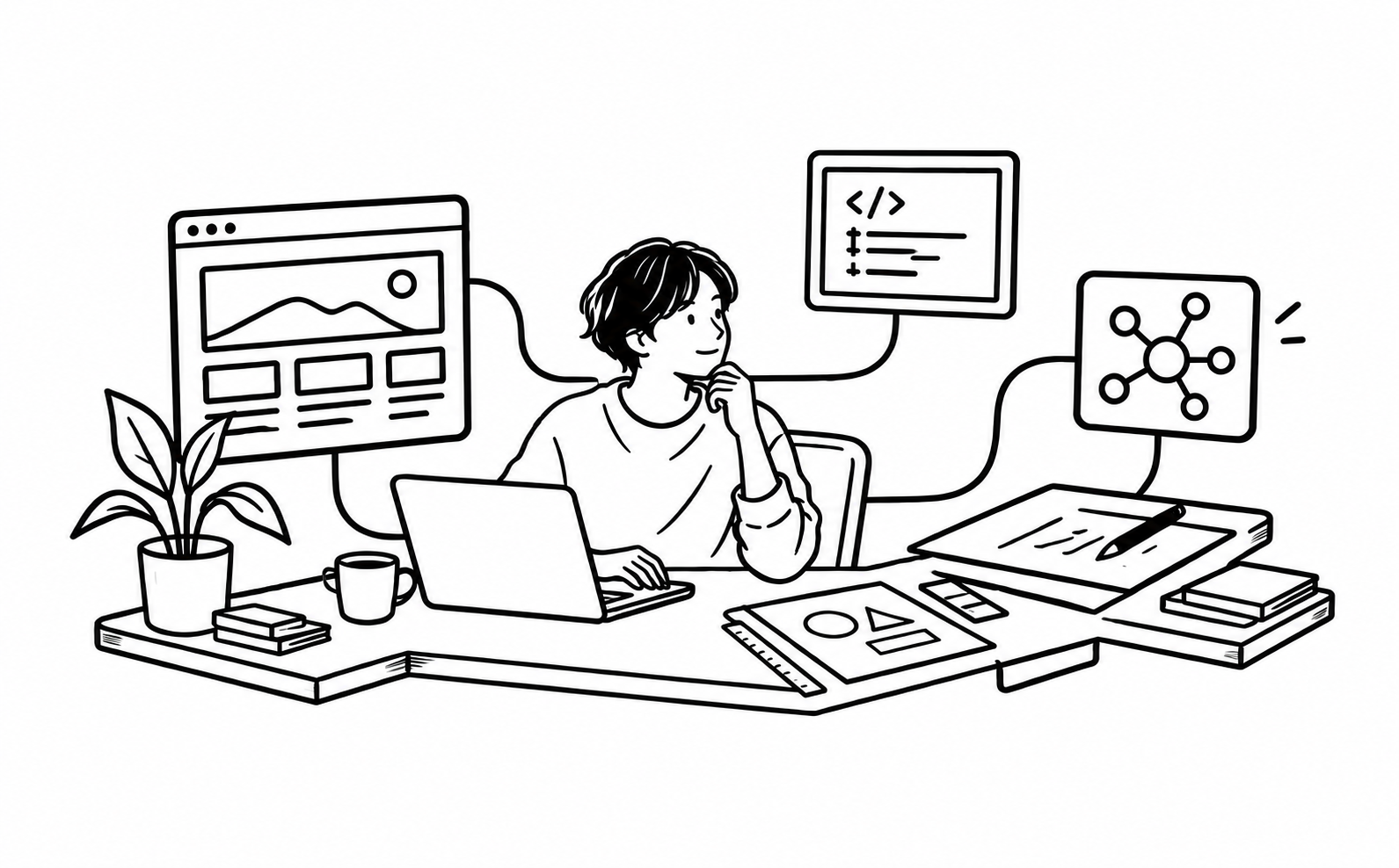 Web、デザイン、ソフトウェアなどを制作するYORU WORKSの作業風景イラスト
